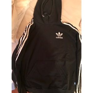 Adidas black hooded sweatshirt with white stripes